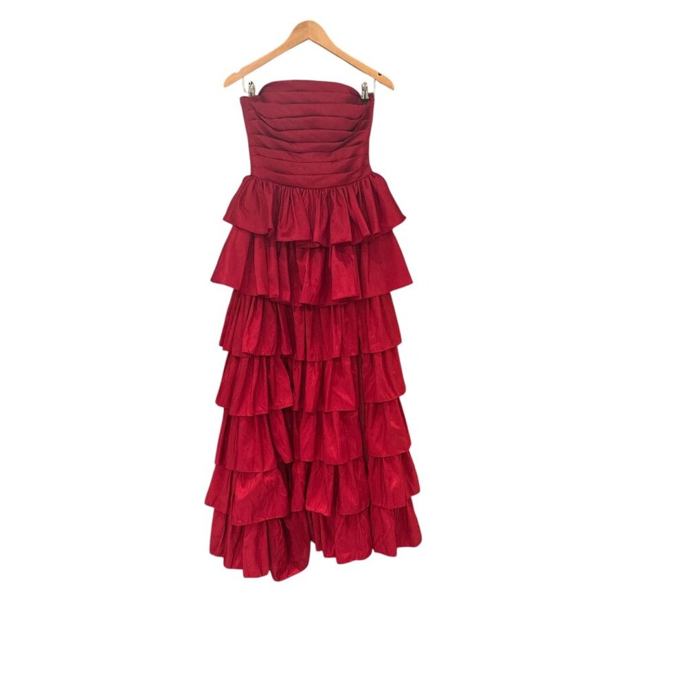Red Strapless Tiered Ruffle Formal Evening Gown Dress Womens Size S Stacees Sati - Picture 9 of 14